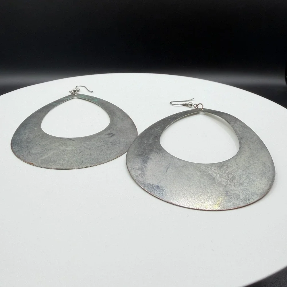Silver Tone Oversized Teardrop Dangle Earrings Boho Statement Fishhook Pierced